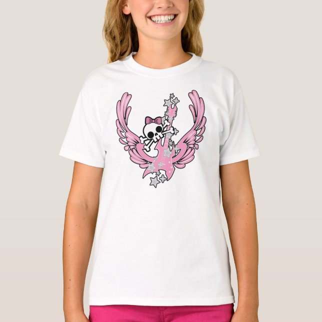Winged Guitar with Cute Skull T-Shirt (Front)