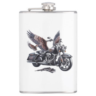 Winged Harley-Davidson Motorcycle Watercolor Illus Hip Flask