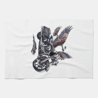 Winged Harley-Davidson Motorcycle Watercolor Illus Tea Towel