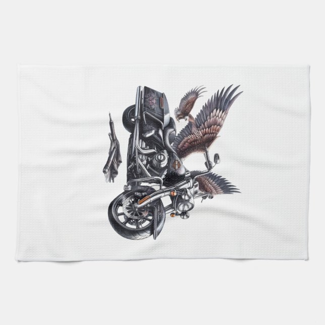 Winged Harley-Davidson Motorcycle Watercolor Illus Tea Towel (Horizontal)