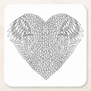 Winged Heart Doodle Square Paper Coaster