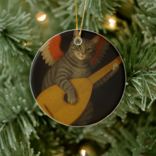 Winged Musician Cat Playing Lute Art               Ceramic Tree Decoration