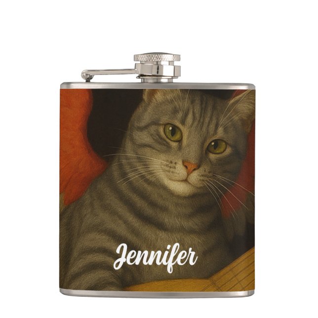 Winged Musician Cat Playing Lute Art               Hip Flask (Front)