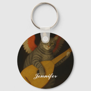 Winged Musician Cat Playing Lute Art               Key Ring
