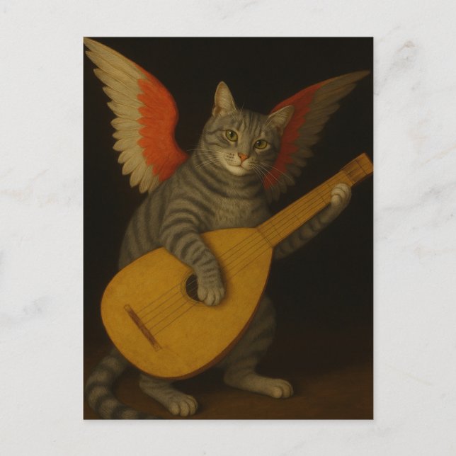 Winged Musician Cat Playing Lute Art               Postcard (Front)