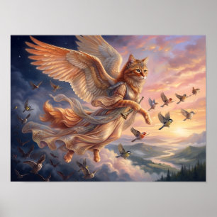 Winged Orange Tabby Cat Funny Animal Art Poster