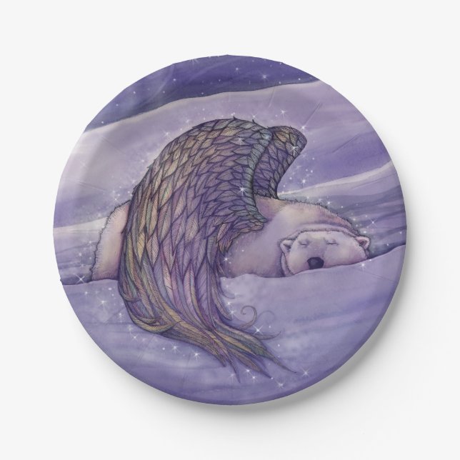 Winged Polar Bear Angel Fantasy Art Paper Plate (Front)