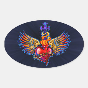 Winged Sacred Heart Design Oval Sticker