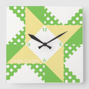 Winged Square- Green & Peach Square Wall Clock