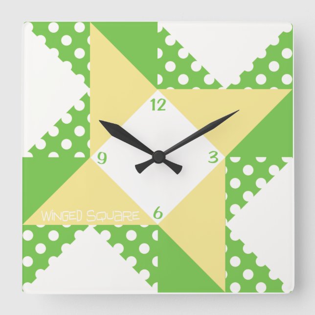 Winged Square- Green & Peach Square Wall Clock (Front)