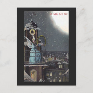 Winged Woman on Clocktower Vintage New Year Holiday Postcard