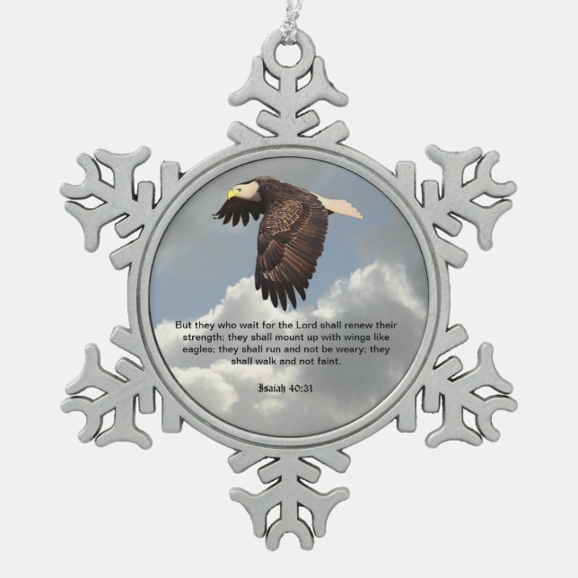 WINGS LIKE EAGLES SNOWFLAKE PEWTER CHRISTMAS ORNAMENT (Front)