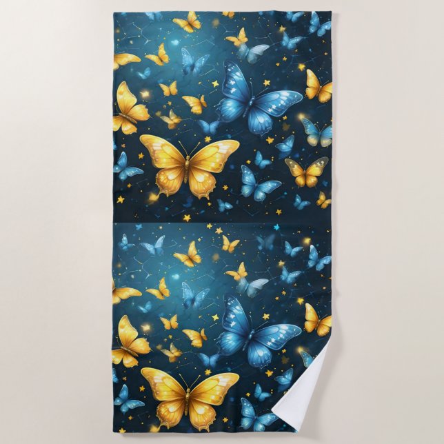 Wings of Joy: Blue and Yellow Flying Butterflies, Beach Towel (Front)