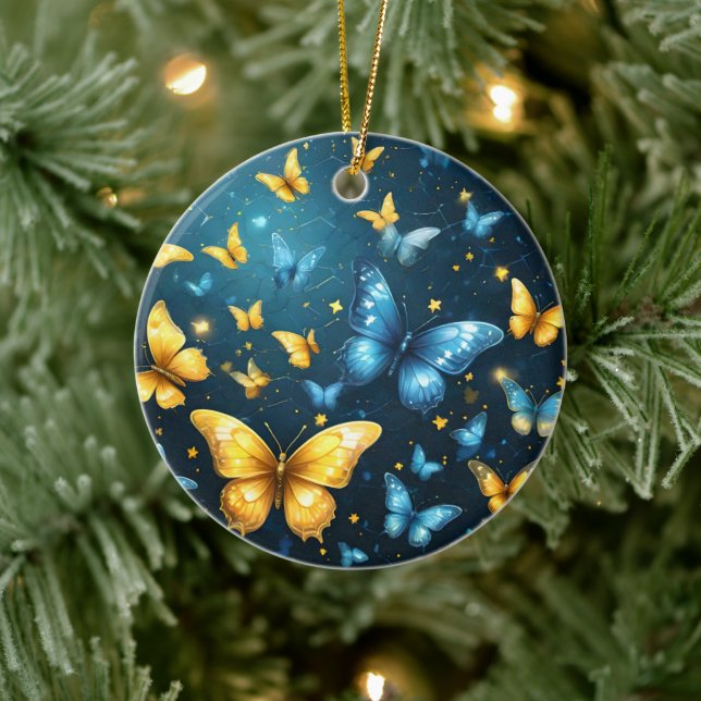 Wings of Joy: Blue and Yellow Flying Butterflies, Ceramic Tree Decoration (Tree)