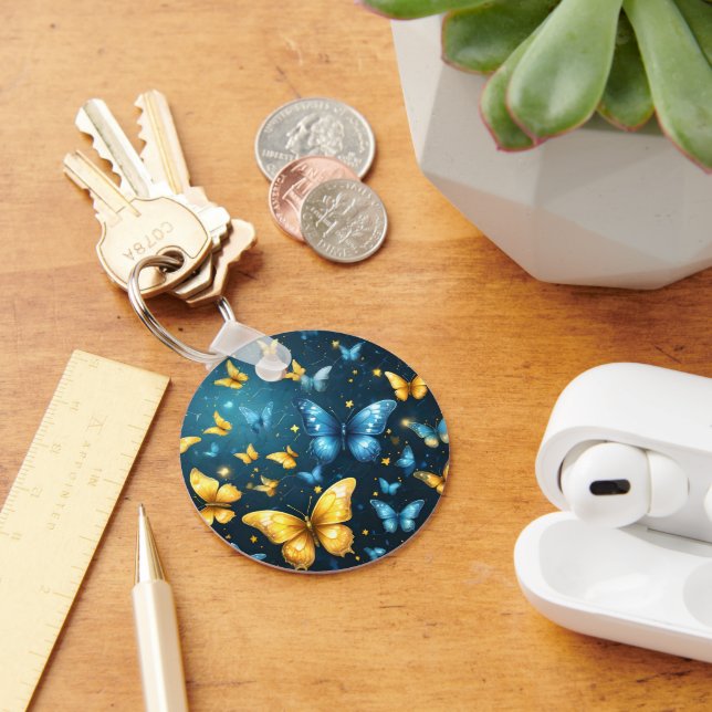 Wings of Joy: Blue and Yellow Flying Butterflies Key Ring (Desk)