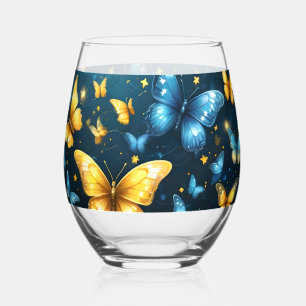 Wings of Joy: Blue and Yellow Flying Butterflies, Stemless Wine Glass
