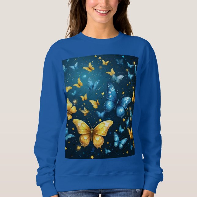 Wings of Joy: Blue and Yellow Flying Butterflies Sweatshirt (Front)