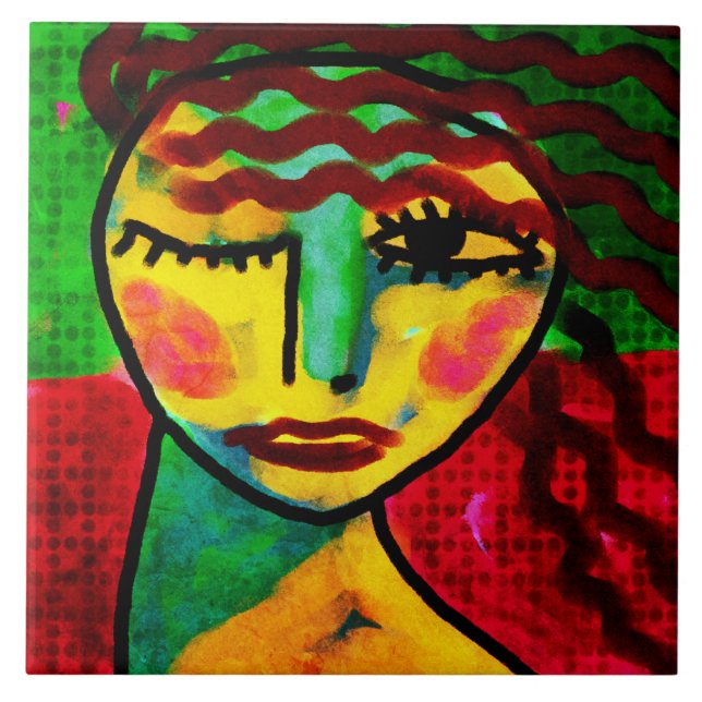 Wink Abstract Digital Portrait of a Woman Tile (Front)