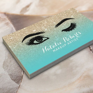 Wink Eye Lashes Eyelash Salon Teal & Gold Glitter Business Card