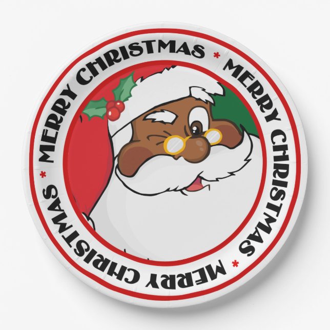 Winking Black Santa Keeping Christmas Secrets Paper Plate (Front)