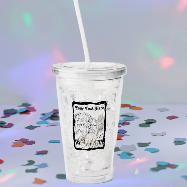 Winking Cat on a Piano Bars of Wavy Music Notes Acrylic Tumbler (Winking cat on piano keys bars music notes black white dotted frame on acrylic drink tumbler.)