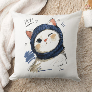 Winking Cat with Cosy Knit Scarf Cushion