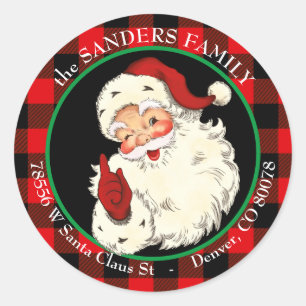 Winking Classic Santa Claus Buffalo Plaid Frame Classic Round Sticker