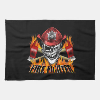 Winking Firefighter Skull and flaming Axes Tea Towel
