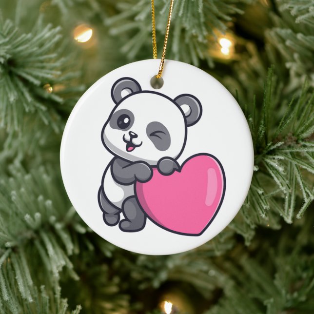 Winking Panda With Pink Heart Ceramic Tree Decoration (Tree)