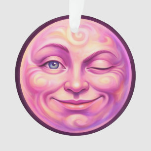 Winking pink moon cheerful celestial ornament