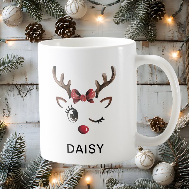 Winking Red Bow Reindeer Christmas Custom Name Coffee Mug (Winking Red Bow Reindeer Christmas Custom Name Coffee Mug
)