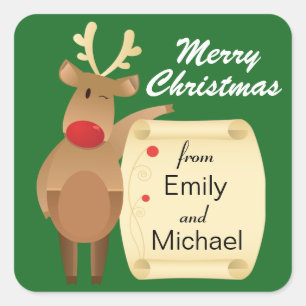 Winking Reindeer Personalised Christmas Square Sticker