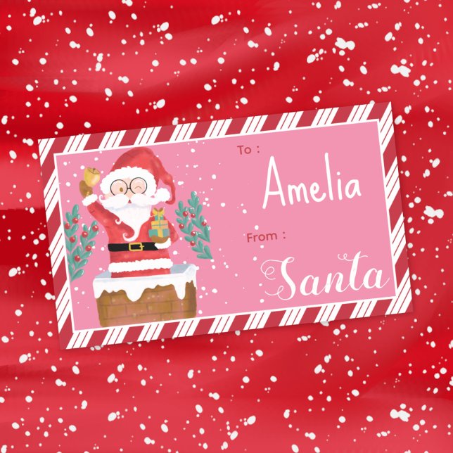 Winking Santa Kid Christmas Pink Gift Tag Sticker (Creator Uploaded)