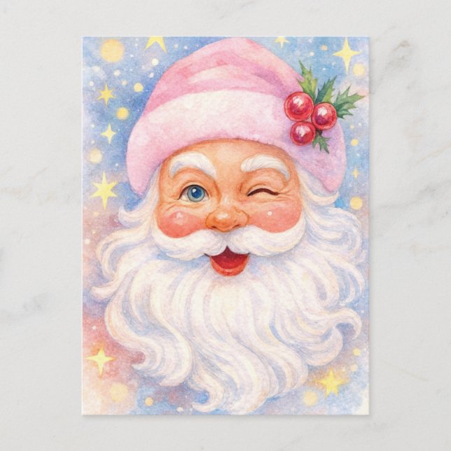 Winking Santa Watercolor Christmas Postcard (Front)