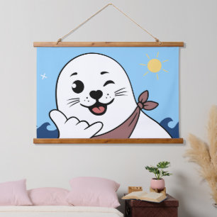 Winking Seal Wearing a Bandanna Throwing Shaka Sig Hanging Tapestry