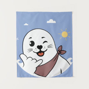 Winking Seal Wearing a Bandanna Throwing Shaka Sig Tapestry