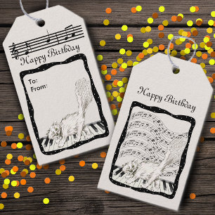 Winking White Cat on Piano Bars of Music Notes Gift Tags