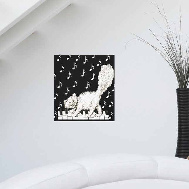 Winking White Cat on Piano Keys Musical Notes Canvas Print (Winking white cat walking on piano keys music notes on black white canvas art print.)