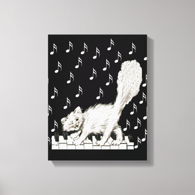 Winking White Cat on Piano Keys Musical Notes Canvas Print (Front)