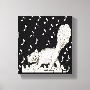 Winking White Cat on Piano Keys Musical Notes Canvas Print