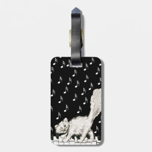 Winking White Cat on Piano Keys Musical Notes Luggage Tag