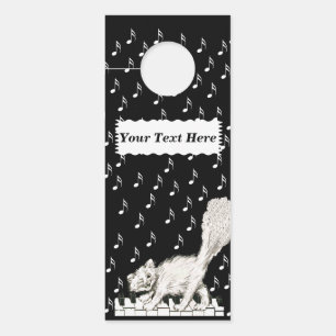 Winking White Cat Walking on Piano Music Notes Door Hanger