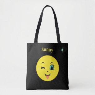 Winky Happy Face Emoji on Black Tote Bag
