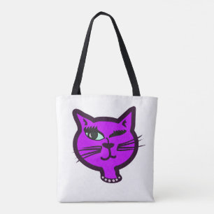 Winky Purple Cartoon Cat Tote Bag