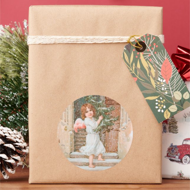 Winsome Angel with Christmas Tree Classic Round Sticker (Holiday)