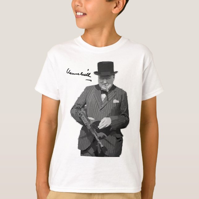 Winston Churchill With Tommy Gun European Hero T-Shirt (Front)