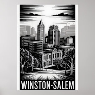 Winston-Salem NC Skyline Black White Woodcut Poster