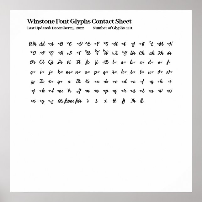 Winstone Font Glyphs Contact Sheet Poster (Front)