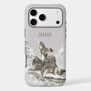 Winter 3 Wolves Howling Animal Art Custom Initials