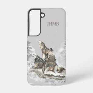 Winter 3 Wolves Howling Animal Art Custom Initials Samsung Galaxy Case